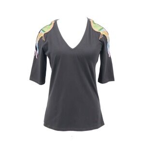 Anne Fontaine Casual Embroidered Bird Top Womens 36/2 Black Boho Designer Resort